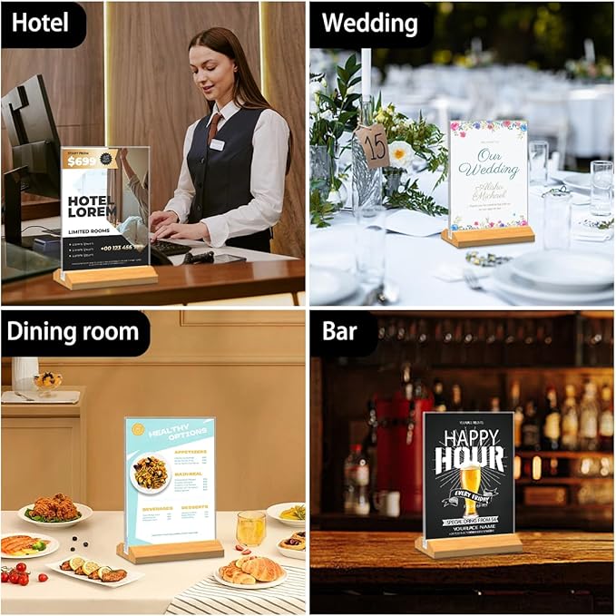 6 Pack Acrylic Sign Holder 8.5 x 11 Inch with Wood Base,Clear T-Shape Menu Display Stand for Restaurant Retail Counter