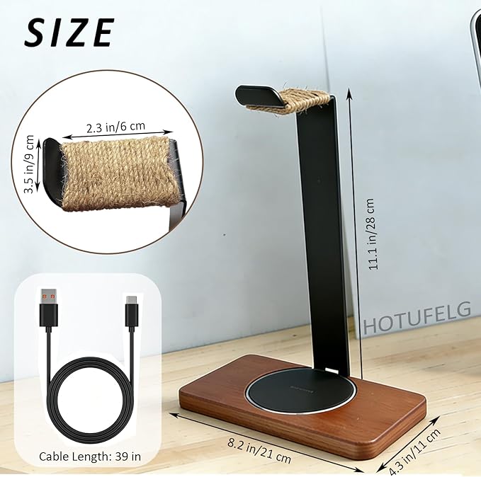 Handmade Solid Wood 2-in-1 Headset Stand with Wireless Charger 15W Max, Wireless Charging Dock Compatible with iPhone 17/16/15/14 /Samsung Series,Universal Holder for All Desk Headphones