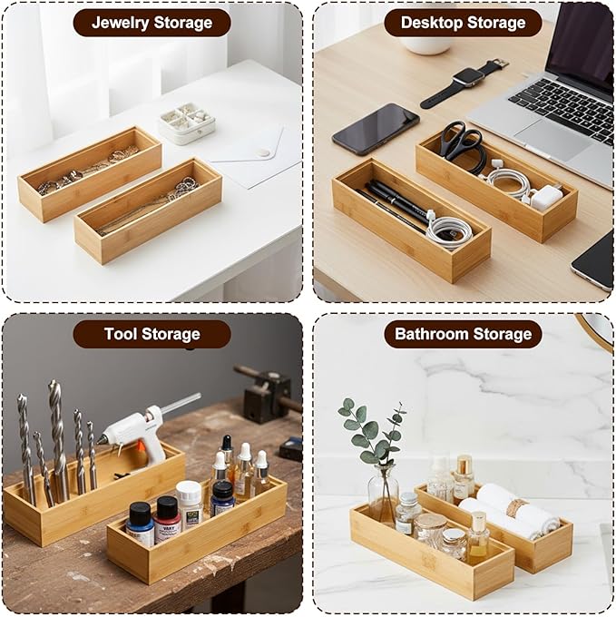 MAQUITA 4 Pack Kitchen Drawer Organizer, Small Silverware Drawer Organizer, Bamboo Utensil Organizer for Bathroom, Dressing Room, Office, Pantry (Natural, 12" x 3" x 2")
