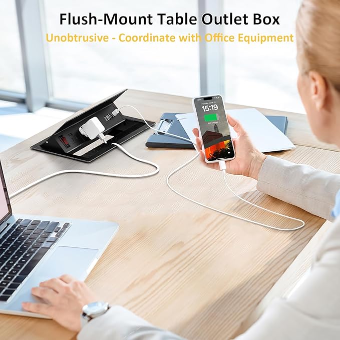 Conference Table Power Hub Outlet, Kungfuking Connectivity Box Rotatable with 30W USB C, 18W USB A, 3 AC Outlets, Heavy Duty Metal Table Top Box for Countertop Office, 6 FT Cord