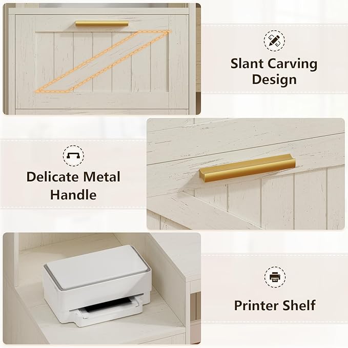 YOMILUVE 63" Farmhouse L Shaped Executive Desk with Drawers & Storage Shelf, Corner Computer Desk with Power Outlets, L Shaped Office Desk with Monitor Stand, Printer Shelf, White