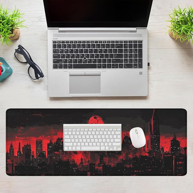 Dark City Mouse Pad Red Moon Gothic Skyline Neon Large Gaming Mouse Mat with Stitched Edges,Non-Slip Waterproof Rubber Base Mous Mat 31.5x11.8 Inch