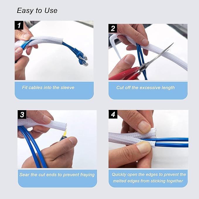 10ft - 1/4 inch Braided Cable Management Sleeve Cord Protector - Self-Wrapping Split Wire Loom for TV/Computer/Home Theater/Engine Bay - White