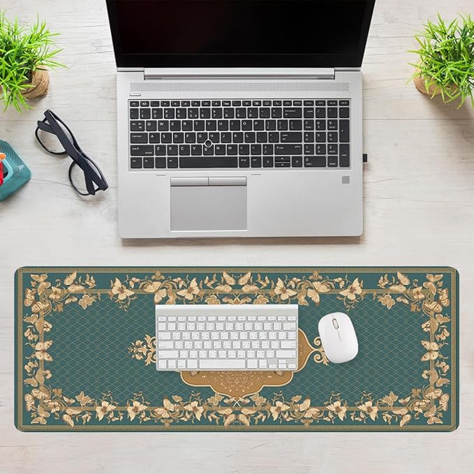 Vintage Butterfly Desk Pad Mouse Pad Gold Floral Extended Gaming Mouse Pad Mat with Stitched Edge Non-Slip Base 31.5 x 11.8 Inch Office Computer Keyboard Laptop Home