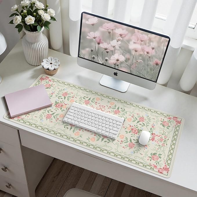 HAOCOO Cute Floral Desk Mat, Large Waterproof Mouse Pad, Girly Desk Matt for Desktop, 35.4" x 15.7" Non-Slip Keyboard Pad, Computer Mat with Stitched Edge, Office Decor Home Desk Accessories (Green)