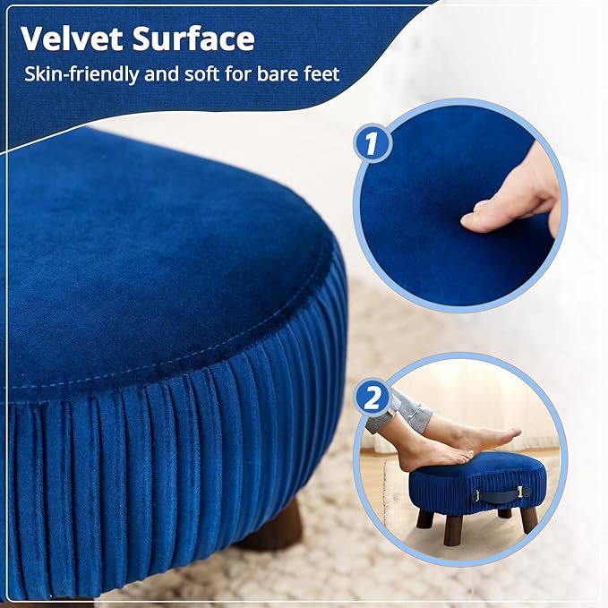 LUE BONA Small Curved Foot Stool with Handle, Navy Blue Velvet Footstool and Ottomans, Modern Foot Rest with Wooden Legs, Step Stool with Padded Seat for Couch, Living Room