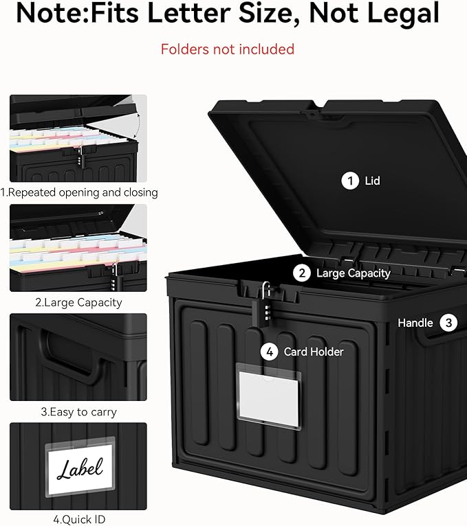 Oterri Plastic File Box with Lid for Letter Size Hanging File Folders, Hanging File Folder Box for Home, Office, School, File Cabinet, Assembly File Organizer, Black,Large-1 Pack Without Folders