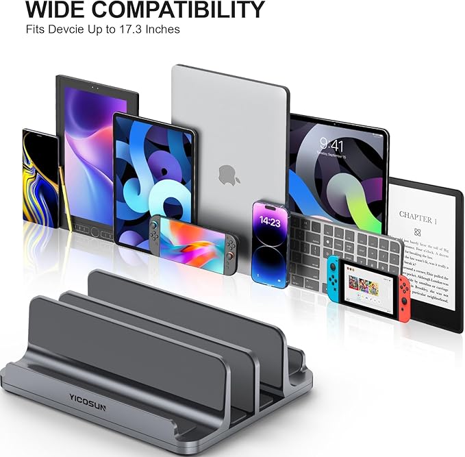 YICOSUN 4-Slot Aluminum Vertical Laptop Stand for Desk - Adjustable Width Dock for MacBook, Surface, Samsung, HP, Dell up to 17.3 inches - Space-Saving & Protective Design - Gray