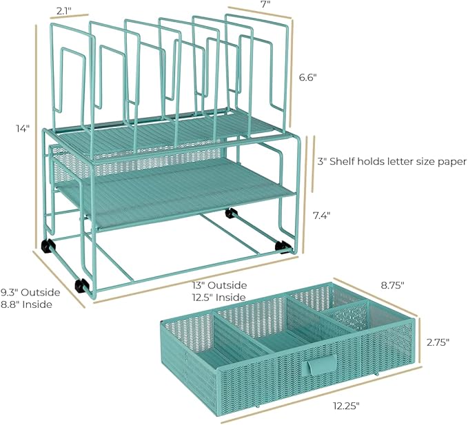 BLU MONACO Mint Green Desk Organizer With File Sorters and Drawer | Metal Mesh Desktop Storage for Office Supplies, Papers, Devices and Folders | 9.3โD x 12.5โW x 14โH All-In-One Workspace Holder