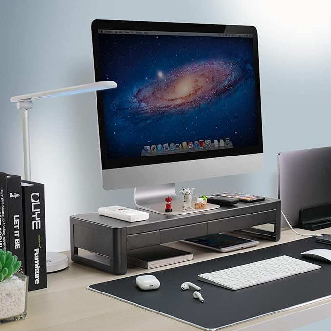 meatanty 3 In 1 Monitor Stand Riser with 2 Drawers,1 Wireless Charging Module and 4 USB Ports,Metal Computer Stand Support Transfer Data & Charging,Desk Organizer for PC,iMac (21 inches)