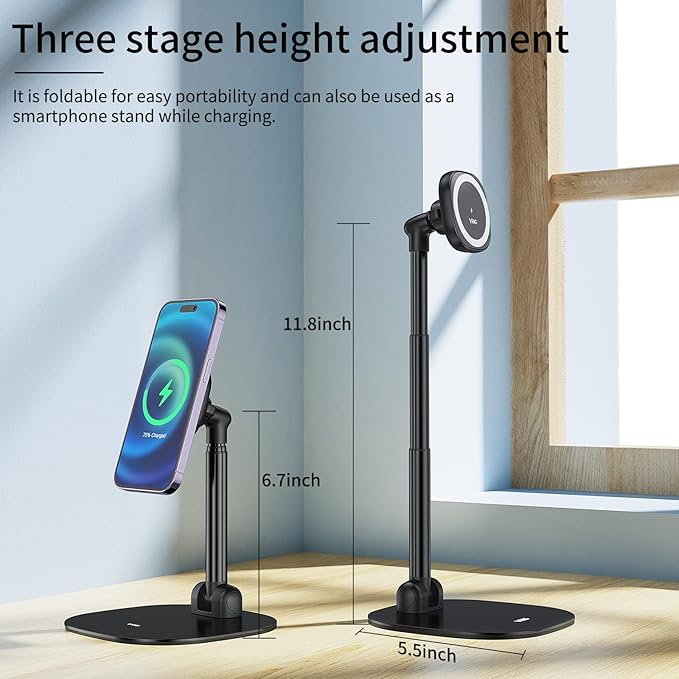 VRIG Magnetic Wireless Charger Phone Stand 360°Rotation Desktop Phone Holder Adjustable Cell Phone Stand for iPhone 17/17pro/16/15/14/13 Series Foldable Wireless Charging Station for Android/AirPod