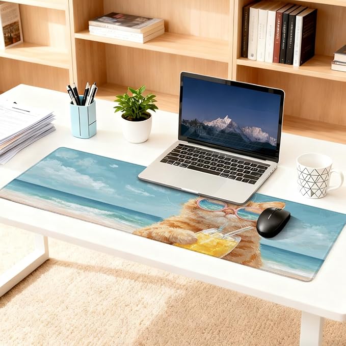 Cat Beach Funny Large Mouse Pad Non-Slip Rubber Long Gaming Desk Mat Big Computer Keyboard Mousepad Waterproof Protector Wristing Pad for Gaming Office Home Decorative 31.5 X 11.8 Inch