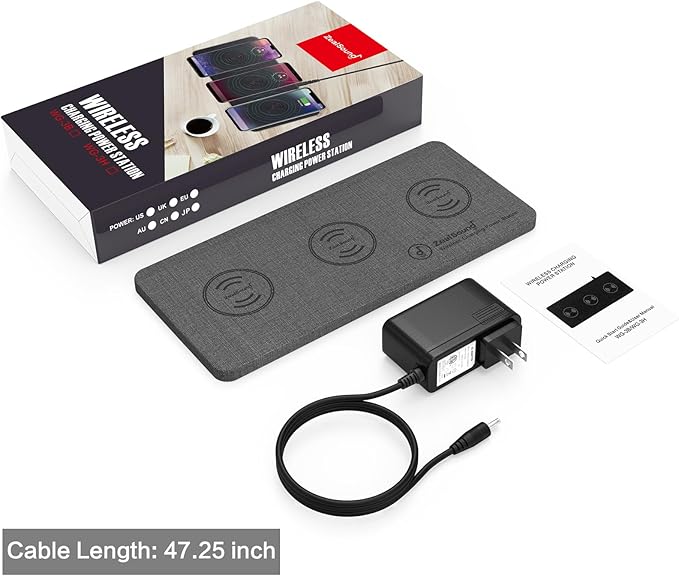 ZealSound Wireless Charging Pad, 3 in 1 Charger Mat for iPhone, Samsung Galaxy, Pixel, AirPods & Galaxy Buds, 24W Adapter Included, Ultra Slim, Case Friendly, PU Leather, Home Office & Travel, Gray