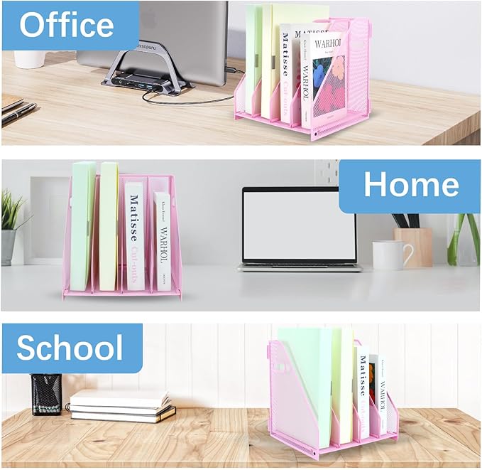 Desk Organizers Metal Magazine File Holder Racks Desktop Folder Storage Binder Organiser Document Organization for Home Office & Classroom,4 Vertical Compartments-Pink