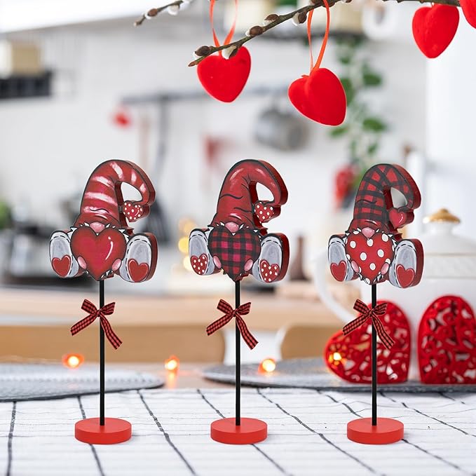 Smile Valentine's Day Gnome - Themed Wooden Block Decor Set with Red Bases and Ribbon Accents, Valentine Indoor Decoration Gift Box