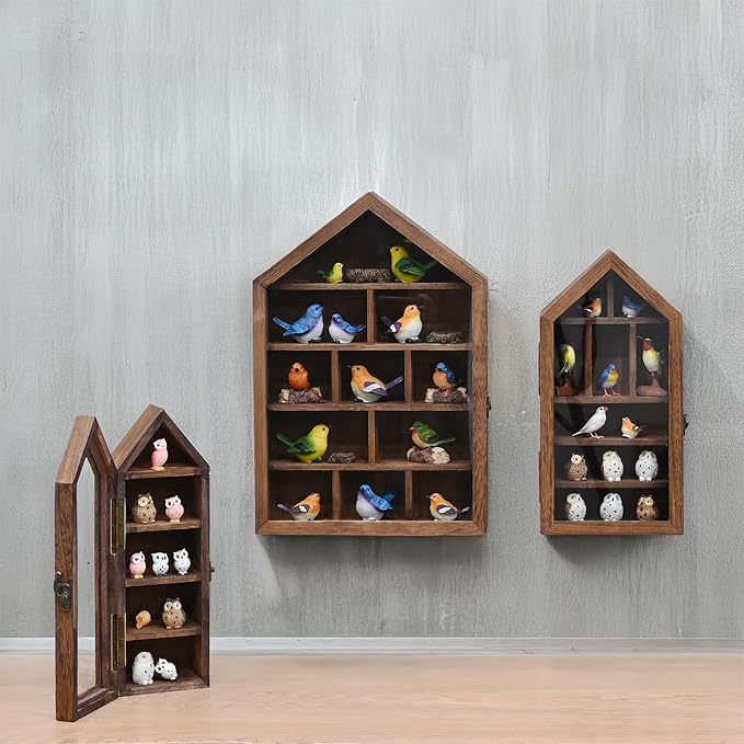 Ikee Design 3 Pcs Set Wall-Mounted House-Shaped Wooden Shadow Cubby Box Display Shelf with Door Storage Display Case for Collectibles, Trinkets, Mini Figures, Brown Color, 21.1W x 3.1D x 14.8H in