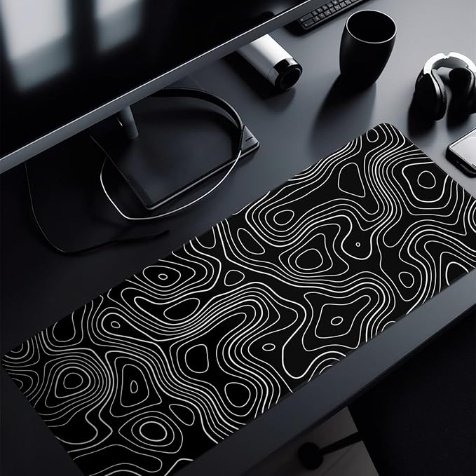 Topographic Contour Gaming Mouse Pad Black Large Mouse Pad for Keyboard and Mousepad Desk Mat with 3mm Non-Slip Base and Stitched Edge for Gaming and Office Computer Mat Protector Mat 31.5x11.8 Inch