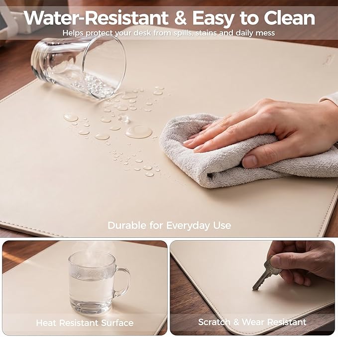 Large Desk Pad Non-Slip Desk Mat Protector for Keyboard Mouse Waterproof Vegan Leather Surface Faux Leather Laptop Mat Smooth Mouse Pad Premium Gift Tube Warm Beige 47" x 23"