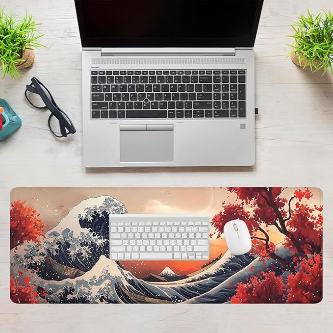 Japanese Great Wave Desk Mat Ocean Sunset Red Maple Mousepad XL Large Gaming Mouse Pad Laptop Keyboard Mat Desk Pad 31.5"x11.8"