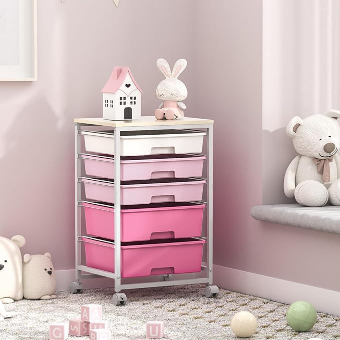 SYKIARIOL Utility Cart with 5 Drawers,Storage Drawer Cart with Wooden Tabletop and Lockable Wheels,Craft Storage Trolley Cart,5-Tier Rolling Utility Cart on Wheels,Rose Pink
