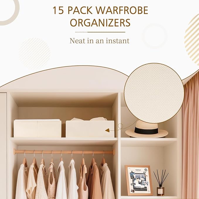 Criusia 15 Pack Drawer Organizer for Clothes, Foldable Dresser Dividers with 3 Sizes, Fabric Storage Bins – Beige