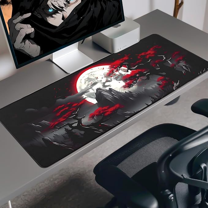 FreeNook Large Gaming Mouse Pad, Anime Black Mousepad with with Non-Slip Base, Expanded Cool Desk Mat, Mountain Moon Scenery XL Keyboard Mat Suitable for Home Office,35.4 X 15.7 Inch