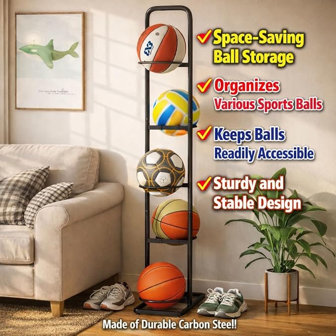 Vertical Ball Rack -basketball rack- Durable Carbon Steel Storage for Basketball, Soccer, Volleyball, and More - Easy to Assemble, Waterproof, Sturdy - 56.7" H