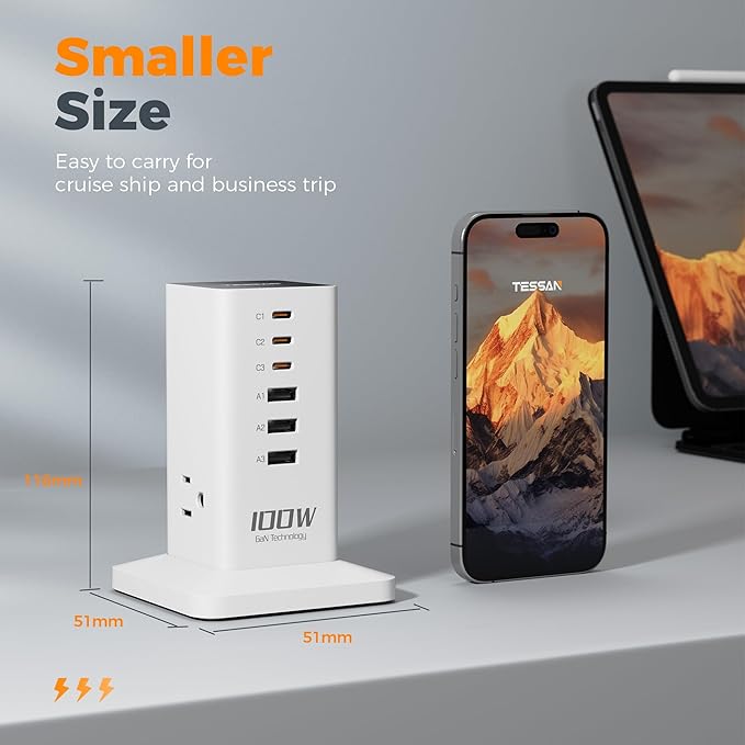 Charging Station for Multiple Devices, TESSAN 9-in-1 USB C Power Strip for iPhone 17/16/15, MacBook, Tablet, Desktop Phone Fast Charger with 3 AC, USB Charger, Home Drom Office Accessories, White-100W
