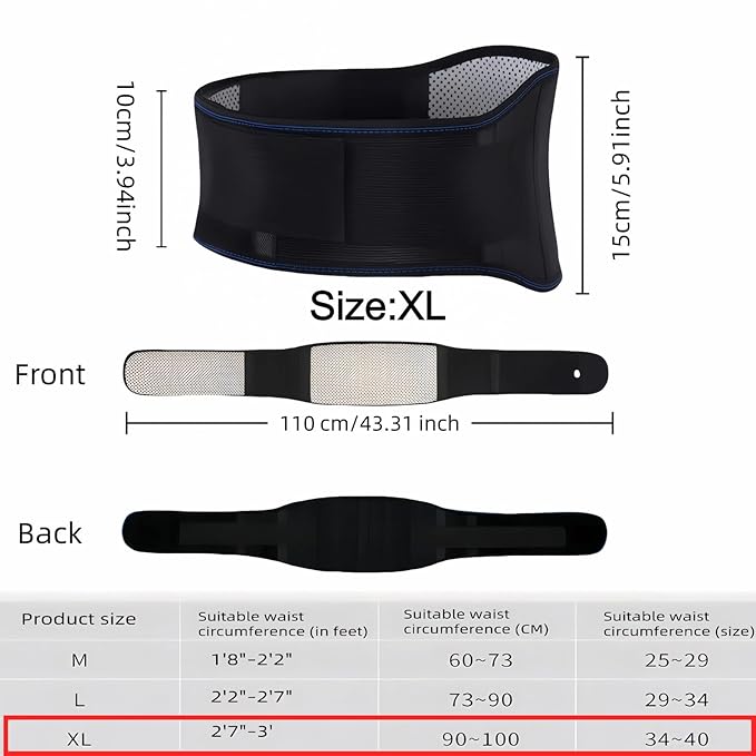 Self heating lumbar support strap suitable for both men and women - adjustable back support with thermal therapy, used to relieve lumbar discomfort, posture support (XL)