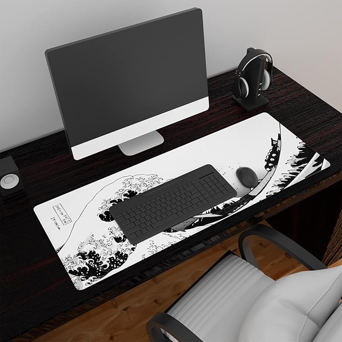 Ovenbird Gaming Mouse Pad with Stitched Edges, Japanese Wave Extended XL Mousepad with Anti-Slip Base, Cool Large Mouse Pad for Desk, 31.5 x 11.8 in, Black and White