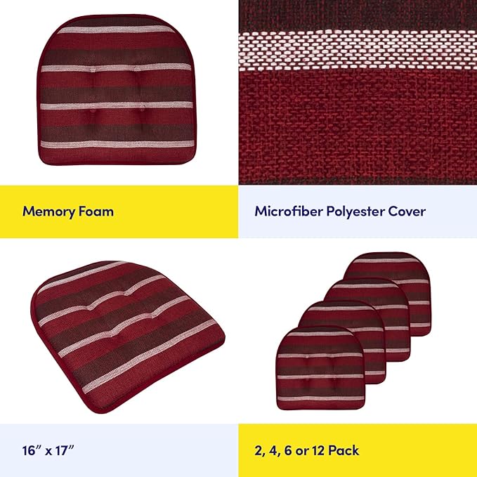 Sweet Home Collection Chair Cushion Memory Foam Pads Tufted Slip Non Skid Rubber Back U-Shaped 17" x 16" Seat Cover, 12 Count (Pack of 1), Bradford Burgundy