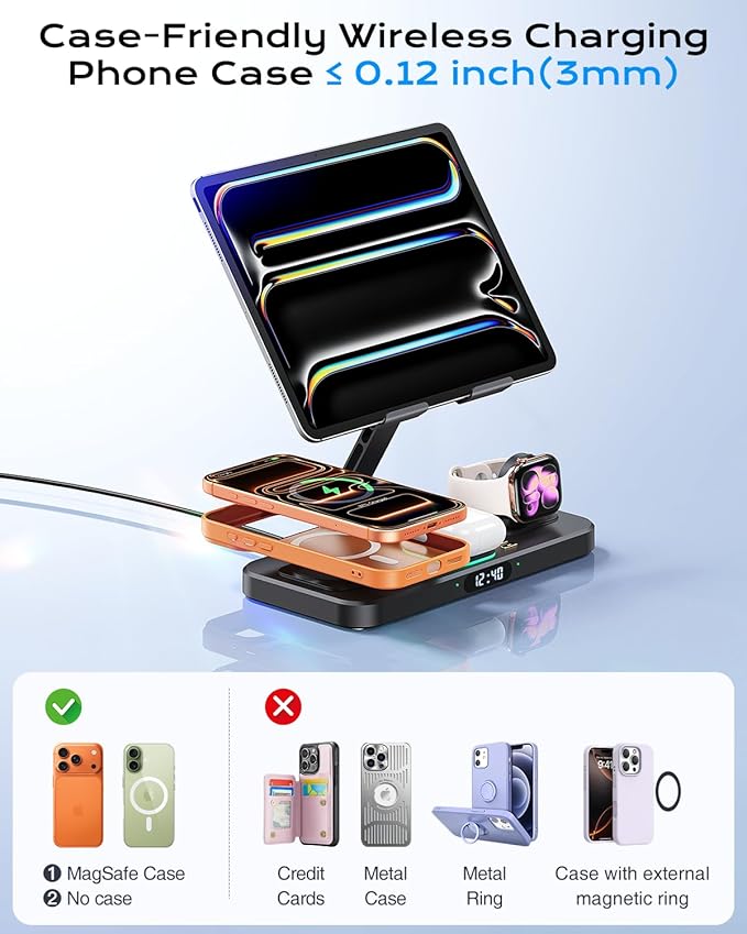 Magnetic Wireless Charging Station with 45W Adapter for Apple Devices, 20W Fast Foldable Wired Charging Stand for iPad with Clock & Night Light, Fast Mag-Safe Charger for iPhone 17, iWatch & AirPods