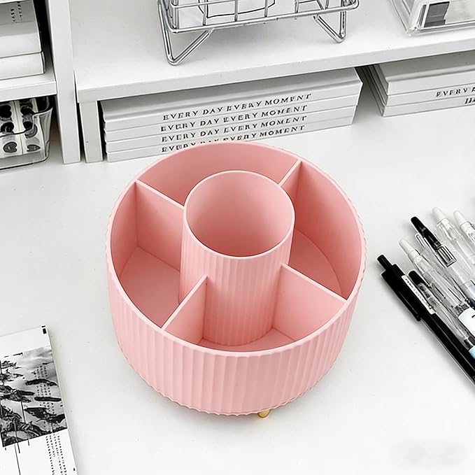 Pencil Pen Holder 5 Slots 360°Degree Rotating Pen Organizers for Desk Desktop Storage Stationery Supplies Cute Pencil Cup Pot Kids Desk Organizer for Office Home School(Pink 2)