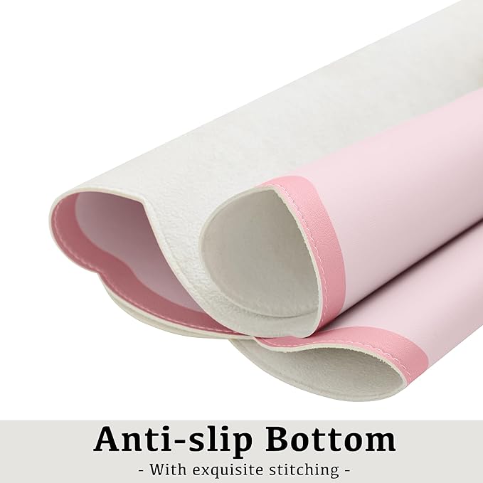 Scalloped Desk Mat, 23.6" x 11.8" Cute Small Aesthetic Desk Accessories, PU Leather Computer Laptop Desk Mouse Keyboard Pad, Desk Writing Mat for Vanity/Work/Home Decor Pink