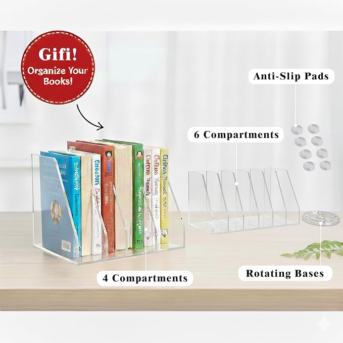2 Pcs Rotating Acrylic Book Organizer, 360° Spinning 6 Compartments Desktop Magazine File Holder, Vertical Storage for Books, Binders, Notebooks & Magazines, Clear Desk Organizer for Home Office