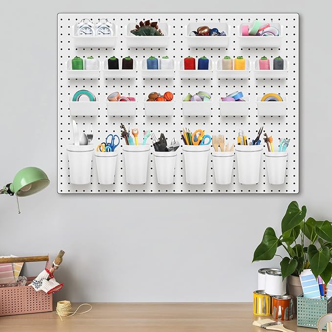 Roowest 60 Pcs Pegboard Cups Pegboard Bins Set, Wall Organizer with Hooks and Loops, Hooks Assortment Organizer Accessory for Office Storage Garage Craft Workshop(White)