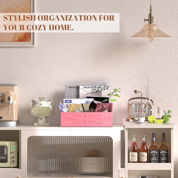 Wood Mail Organizer Countertop,Farmhouse Desk and Kitchen Countertop Storage, Letter Sorter, Desk Mail and Bill Organizer, Desktop File and Paper Holder (Pink)