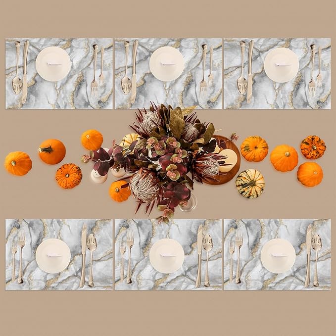 Placemats Set of 4 Heat-Resistant Rectangle Place Mats Grey Gold Marble Washable Plastic PVC Dining Table Mat Non-Slip Wipeable Woven Vinyl Placemat for Kitchen Patio Table Decor