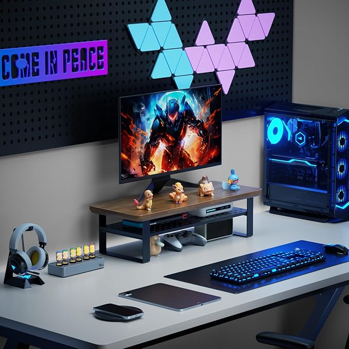 Monitor Stand Riser, 24 Inch Computer Monitor Stand for Desk, 2-Tier Wood Desk Shelf Organizer with Storage, Desktop Stand for Laptop/Screen/PC/Printer, Ergonomic Home Office Monitor Stand