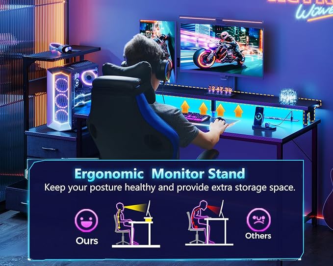 Casaottima 52 Inch Gaming Desk with USB Charging Ports & LED Light - Reversible Computer Desk with 3 Fabric Drawers, Monitor Stand, CPU Stand, Modern Office Desk, Black