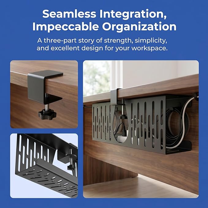 Under Desk Cable Management Tray, Cord Organizer for Desk Cable Management Tray Under Desk with Clamp for Home Office, Standing Desk (2Pack Black)