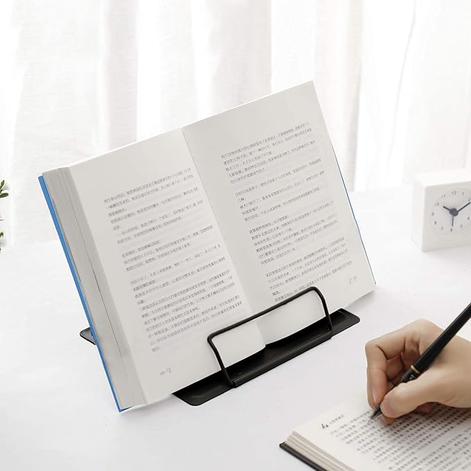 MSDADA 1PC Desk Book Stand Metal Reading Rest Book Holder Adjustable Cookbook Documents Holder Portable Sturdy Bookstands for Recipes Textbooks Tablet Music Books with Page Clips (Black)