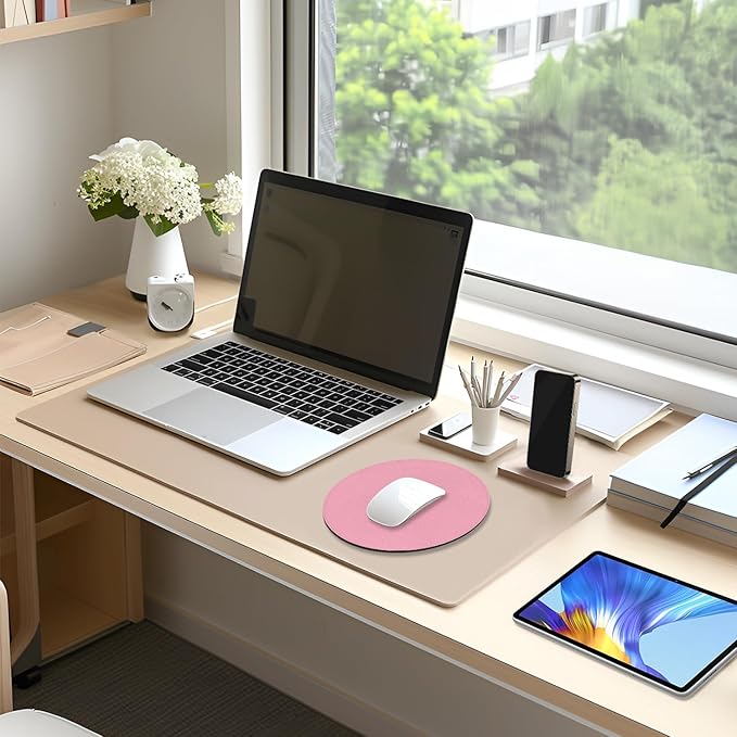 Leather Mouse Pad, Office Mouse Mat Non-Slip Rubber Base Stitched Edge Washable Waterproof Round Mousepad for Office Gaming PC Laptop, Round Diameter 8.7 inches, Pink