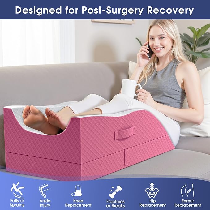 CushZone Leg Pillow, Leg Elevation Pillow with Pad and Memory Foam, Height Adjustable Bolster Pillow for Legs, Leg Pillow Elevation Blood Circulation, for Post-Surgery, Pink & White