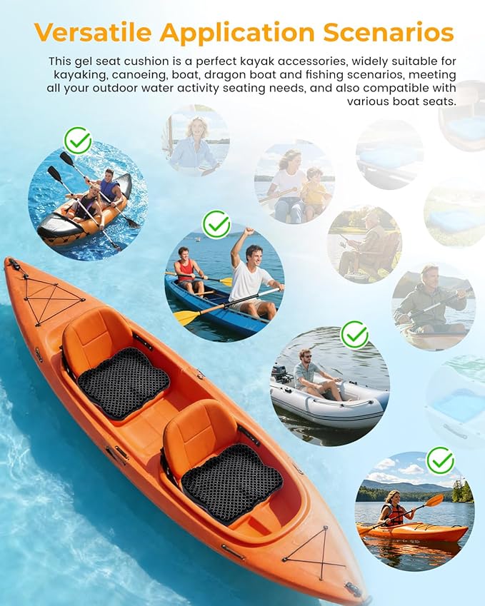 Premium Gel Kayak Seat Cushion, Thickened Non-Slip Waterproof Seat Pad, Breathable Universal Fit for Canoe Fishing Boat, Portable Washable Kayak Accessories, with Safety Travel Flag - Blue