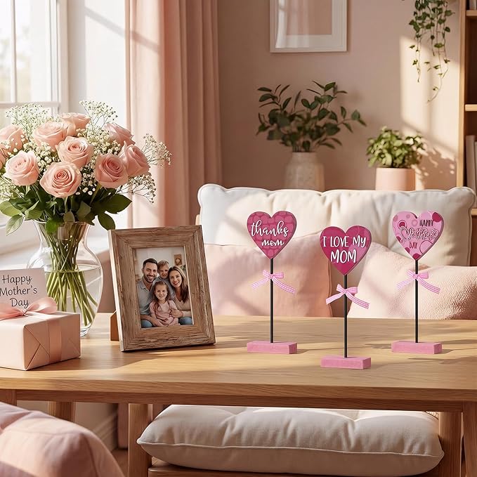 Smile Mother's day Heart - Shaped Mom Wooden Table Decor Set with Pink Bases & Ribbon Accents, Mother's day Indoor Decoration
