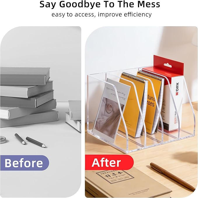 Acrylic Magazine File Holder, 4 Vertical Compartments Desk Document Sorter Organizer, Clear Folder Rack Binder for Office, Tablets, Magazines, Books – Home/Classroom Rack, 5mm Thick