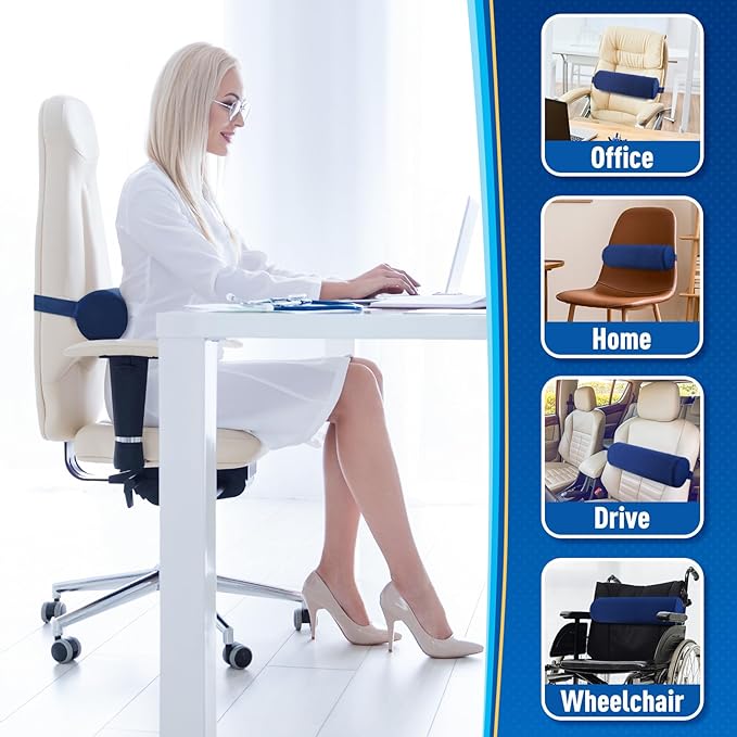 CushZone Seat Cushion, Lumbar Roll Support Pillow for Office Chair, Car, Gaming Chair, Memory Foam Back Cushion with Washable Cover for Relieving Back Pain & Improving Posture,Blue