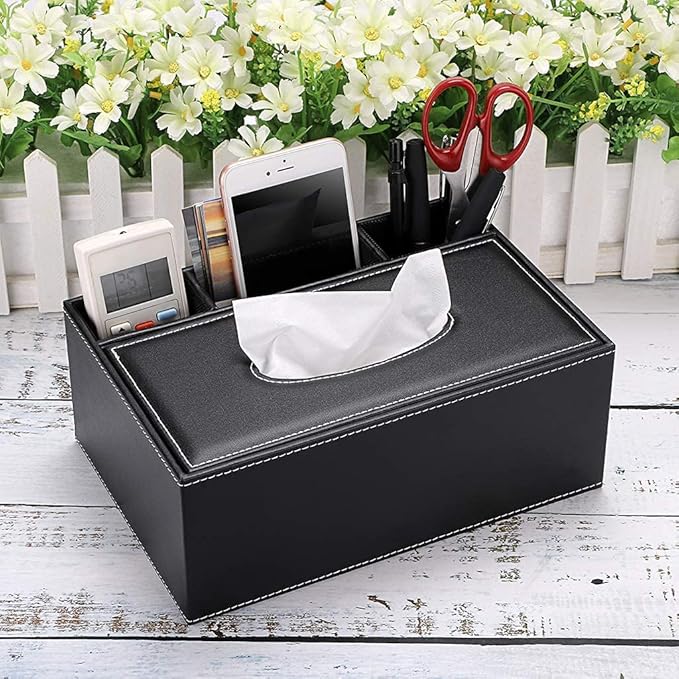 PU Leather Tissue Box Cover - Multifunctional Tissue Box Holder with Stationery Remote Control Box - Elegant and Stylish Home Napkin Holder Desktop Tissue Paper Holder Desk Storage Organizer (Black)