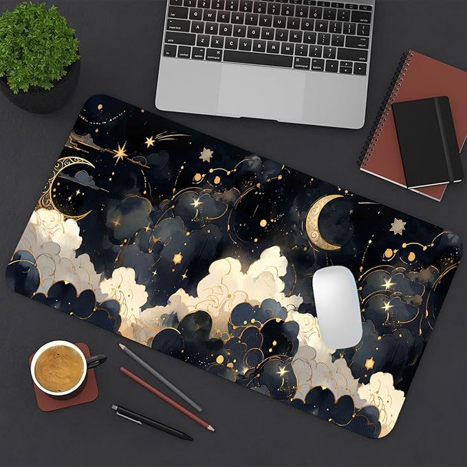Cute Desk Mat, Black Gold Cloud Moon Large Mouse Pad for Desktop, PU Leather Waterproof Desk Pad, Anti-Slip Computer PC Laptop Protector Gaming Mouse Pads for Office Home Decorations